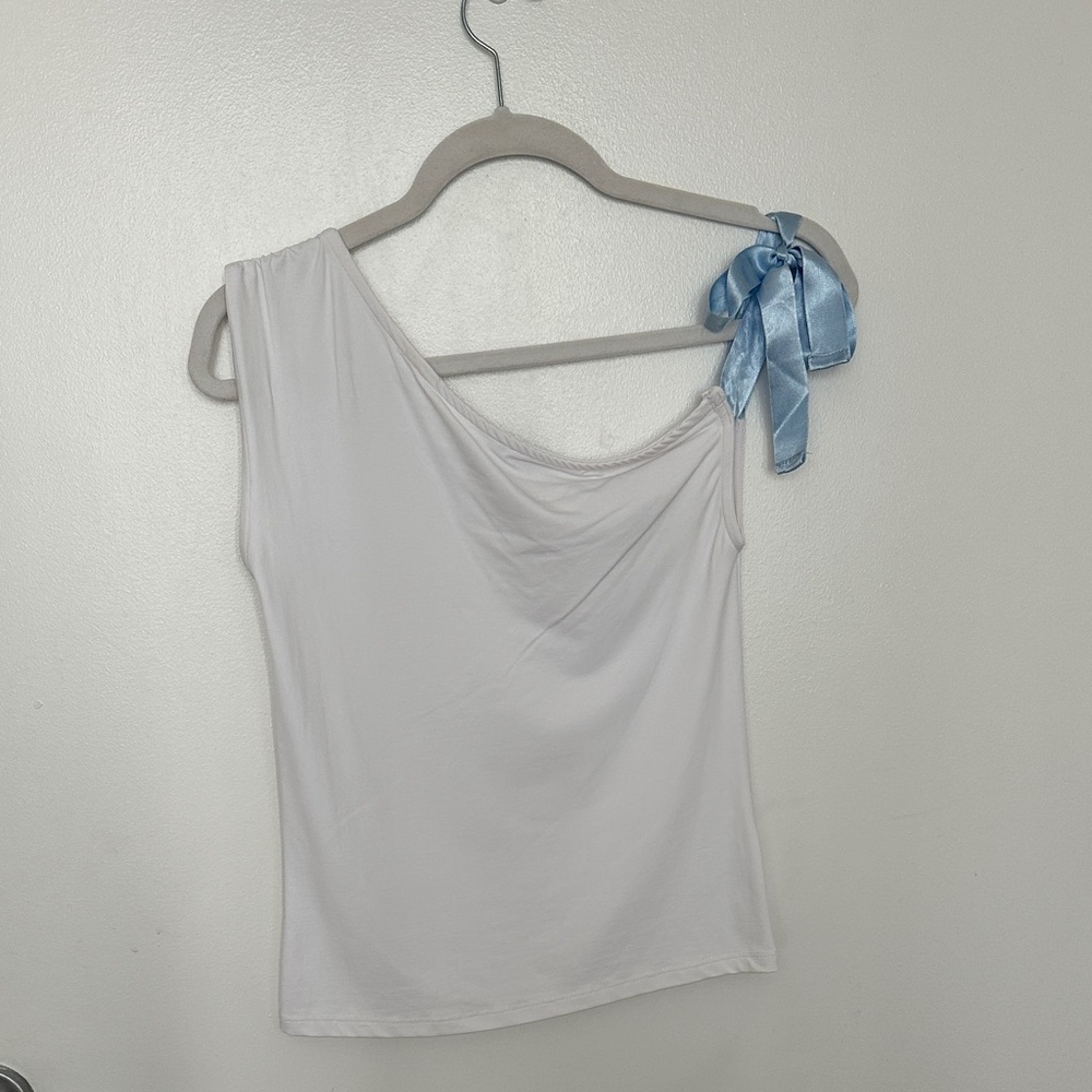 ASOS | White One-Shoulder Top with Blue Ribbon